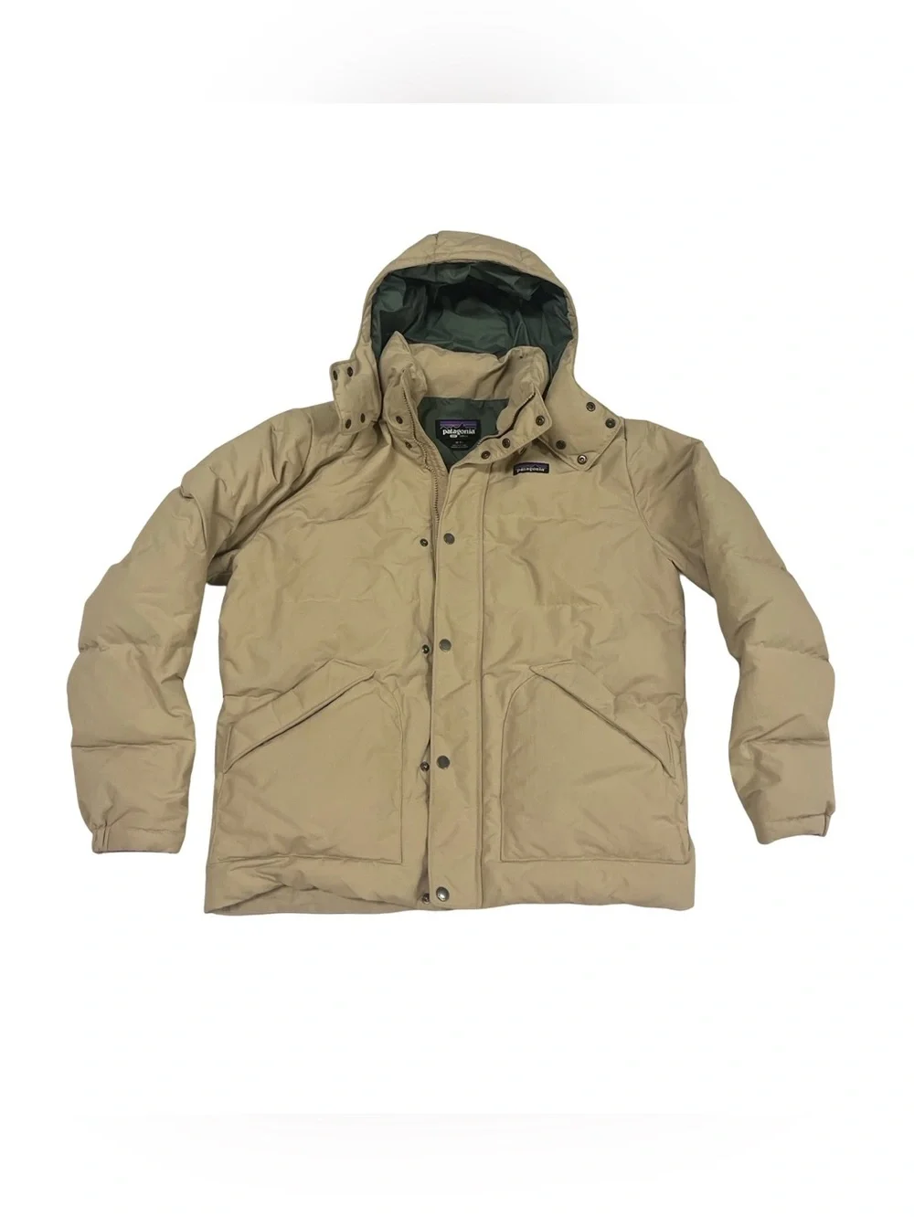 Patagonia Downdrift Down Puffer Jacket Sz M Puffer Tan Removable Hood Gorpcore